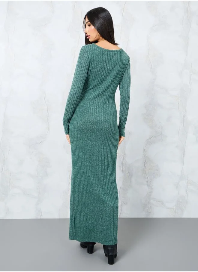 Styli Ribbed Knit Bodycon Maxi Dress with Buttons