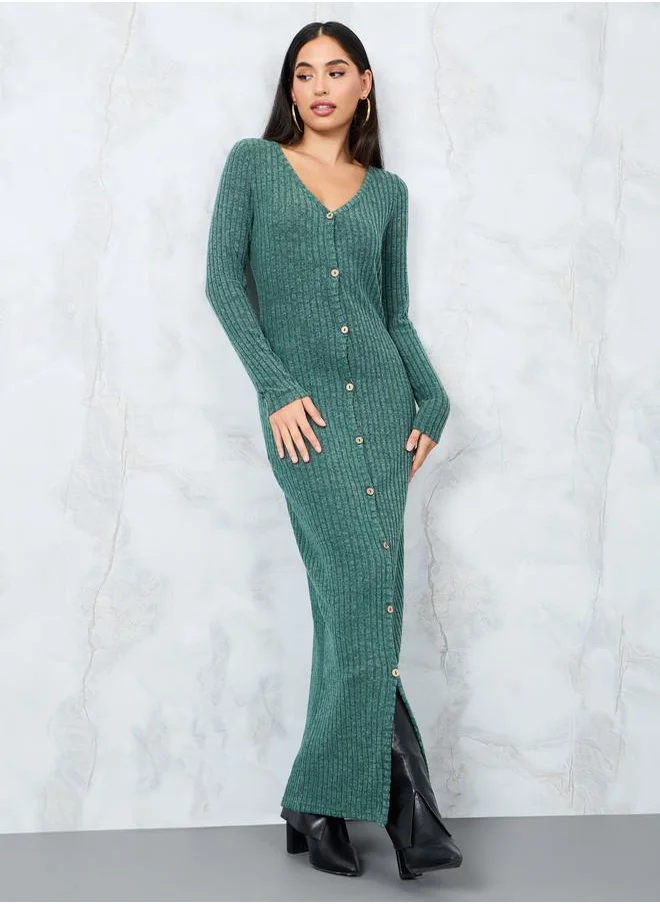 Styli Ribbed Knit Bodycon Maxi Dress with Buttons