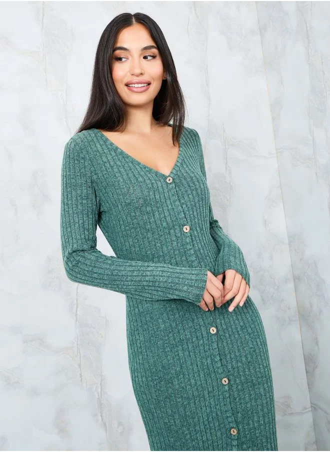 Styli Ribbed Knit Bodycon Maxi Dress with Buttons