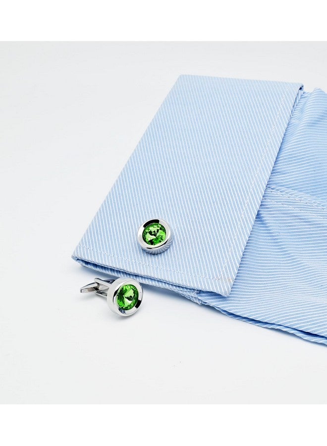 Jonwo Round Green Crystal Men'S Cufflinks In Gift Case Classic Round Silver Crystals Cufflinks For Men Jewelry For Wedding Party Business Birthday Anniversary Dress - Image 2