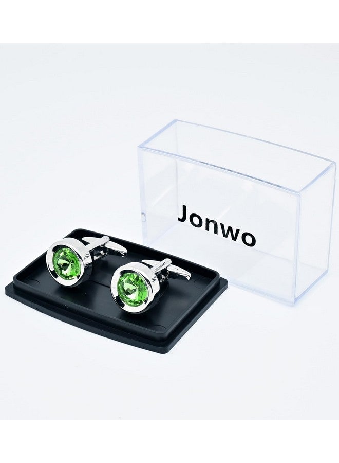Jonwo Round Green Crystal Men'S Cufflinks In Gift Case Classic Round Silver Crystals Cufflinks For Men Jewelry For Wedding Party Business Birthday Anniversary Dress - Image 5