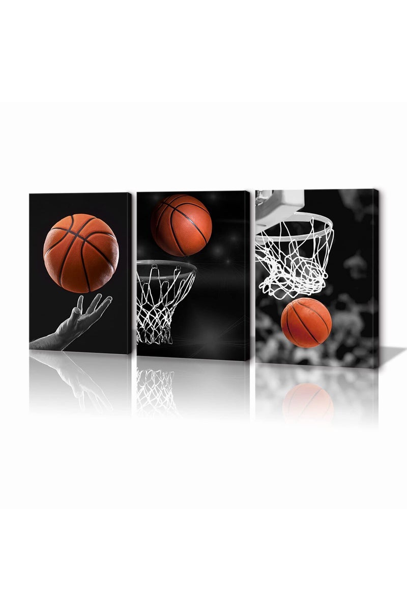 KAWAHONE -3 Pieces Black and White Sports Canvas Basketball Wall Art - Image 1