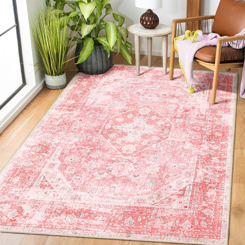 MUJOO Pink Rugs for Bedroom Girls 3'x5' Rug Boho Area Rug for Living Room Small Washable Rug Cute Rugs Non Slip Throw Carpet for Bedside Dorm Shower Room Soft Light Pink Floral Home Decor - Image 1