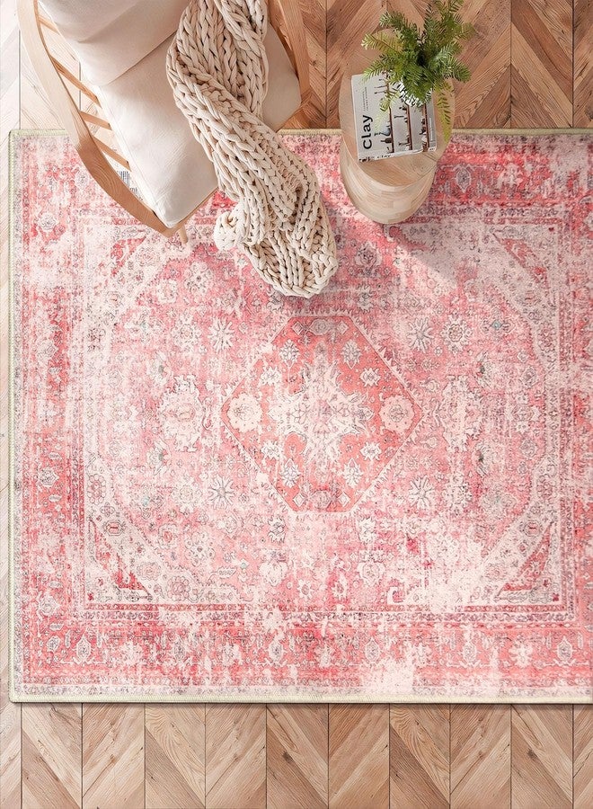 MUJOO Pink Rugs for Bedroom Girls 3'x5' Rug Boho Area Rug for Living Room Small Washable Rug Cute Rugs Non Slip Throw Carpet for Bedside Dorm Shower Room Soft Light Pink Floral Home Decor - Image 2