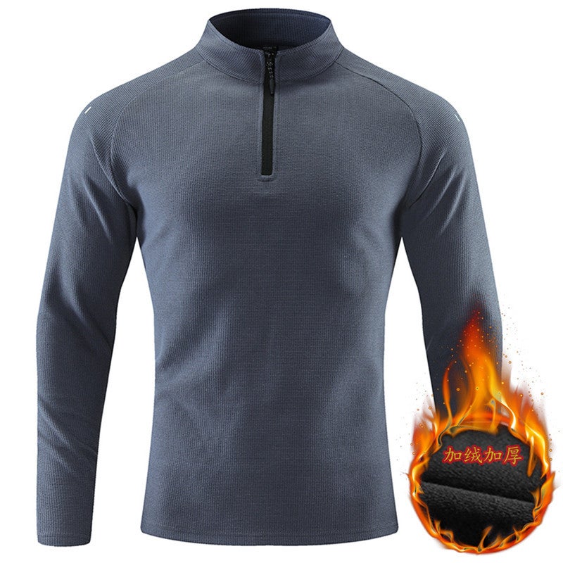 Generic Mens Long Sleeve T-Shirt Half Zip-Up Autumn Winter Breathable Elastic Outdoor Sports Casual Top With Fleece Lining Gray blue fleece-lined