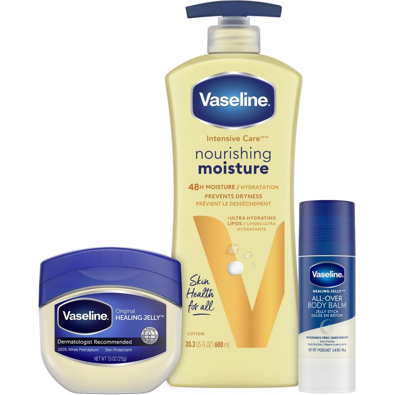 Vaseline Intensive Care Essential Healing Body Lotion, 20.3 oz, Bundled with Petroleum Jelly Original, 7.5oz, and All-Over Body Balm Stick, 1.4 oz - Pack of 3, Moisturizing Skin Care - Image 1