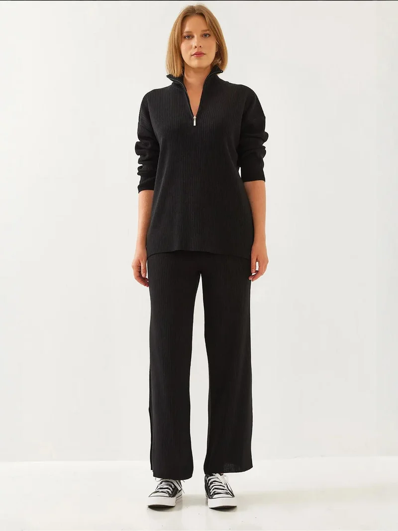 LUCCI Ribbed Zipper Collar Two-Piece Set with Slit