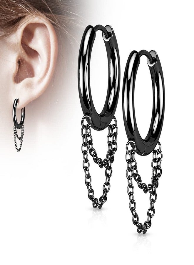 Pierced Owl 18GA 316L Stainless Steel Dangling Double Chains Hinged Hoop Earrings, Sold as a Pair (Black) - Image 5