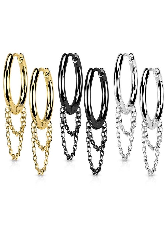 Pierced Owl 18GA 316L Stainless Steel Dangling Double Chains Hinged Hoop Earrings, Sold as a Pair (Black) - Image 3