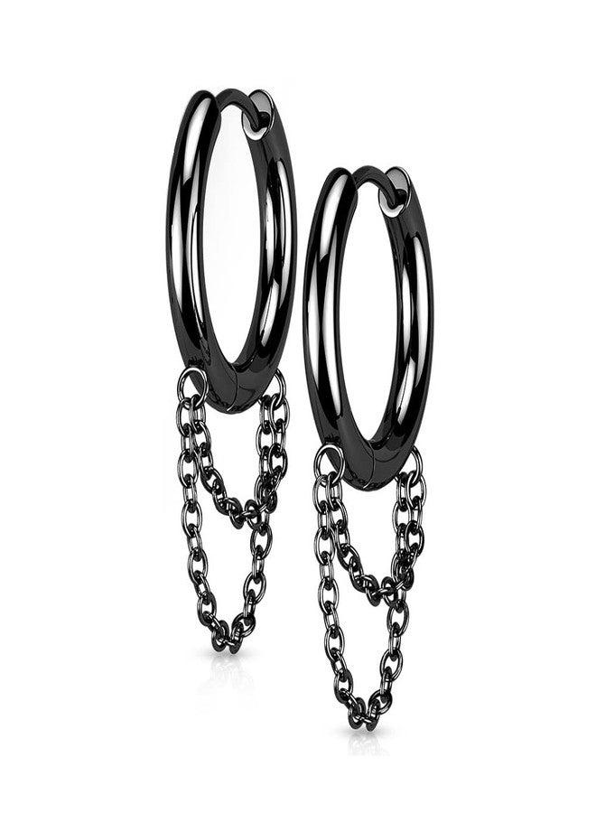 Pierced Owl 18GA 316L Stainless Steel Dangling Double Chains Hinged Hoop Earrings, Sold as a Pair (Black) - Image 1