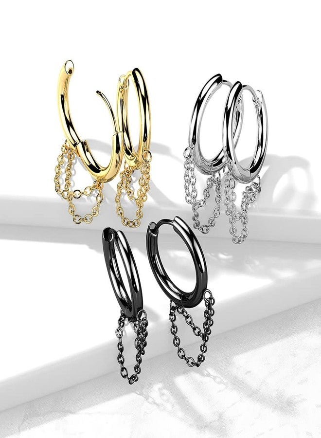 Pierced Owl 18GA 316L Stainless Steel Dangling Double Chains Hinged Hoop Earrings, Sold as a Pair (Black) - Image 4
