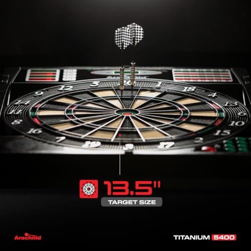 Arachnid Titanium 5400: 13.5” target with integrated cabinet. Offers 38 games, 316 variations, color LED scoring, and solo play. Includes Double In/Out modes for competitive game room fun - Image 3