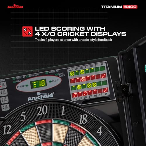 Arachnid Titanium 5400: 13.5” target with integrated cabinet. Offers 38 games, 316 variations, color LED scoring, and solo play. Includes Double In/Out modes for competitive game room fun - Image 4