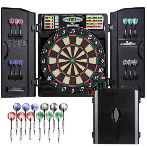 Arachnid Titanium 5400: 13.5” target with integrated cabinet. Offers 38 games, 316 variations, color LED scoring, and solo play. Includes Double In/Out modes for competitive game room fun - Image 1