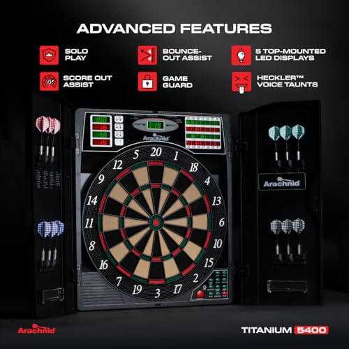 Arachnid Titanium 5400: 13.5” target with integrated cabinet. Offers 38 games, 316 variations, color LED scoring, and solo play. Includes Double In/Out modes for competitive game room fun - Image 5