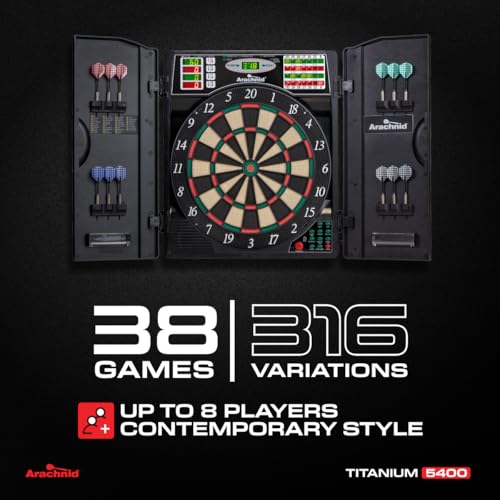 Arachnid Titanium 5400: 13.5” target with integrated cabinet. Offers 38 games, 316 variations, color LED scoring, and solo play. Includes Double In/Out modes for competitive game room fun - Image 2