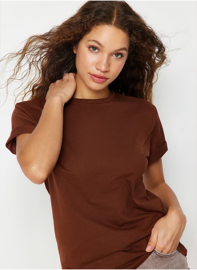 trendyol - Brown 100% Cotton Boyfriend Crew Neck Knitted T-Shirt TWOSS20TS0134 - Image 1