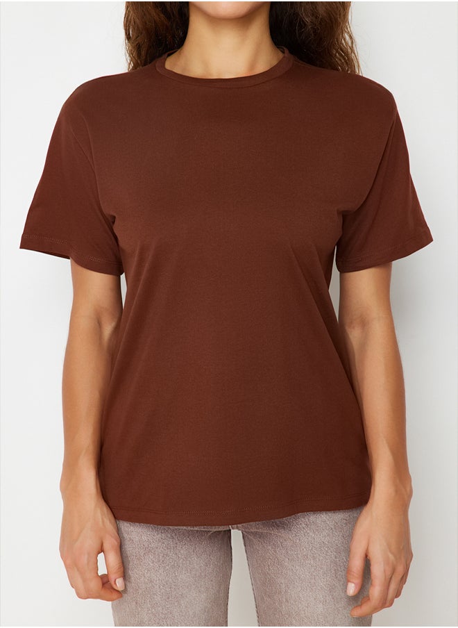 trendyol - Brown 100% Cotton Boyfriend Crew Neck Knitted T-Shirt TWOSS20TS0134 - Image 1