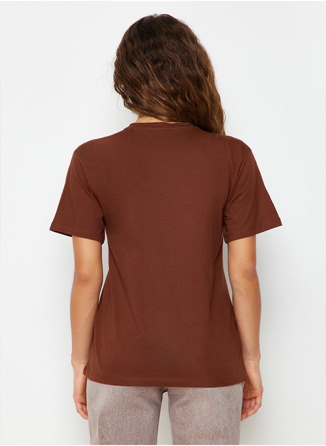 trendyol - Brown 100% Cotton Boyfriend Crew Neck Knitted T-Shirt TWOSS20TS0134 - Image 1