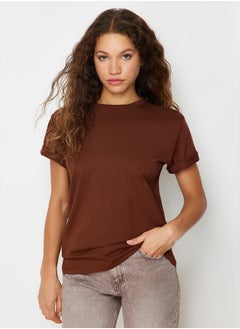 Brown 100% Cotton Boyfriend Crew Neck Knitted T-Shirt TWOSS20TS0134
