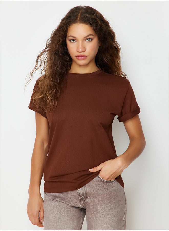 trendyol - Brown 100% Cotton Boyfriend Crew Neck Knitted T-Shirt TWOSS20TS0134 - Image 1