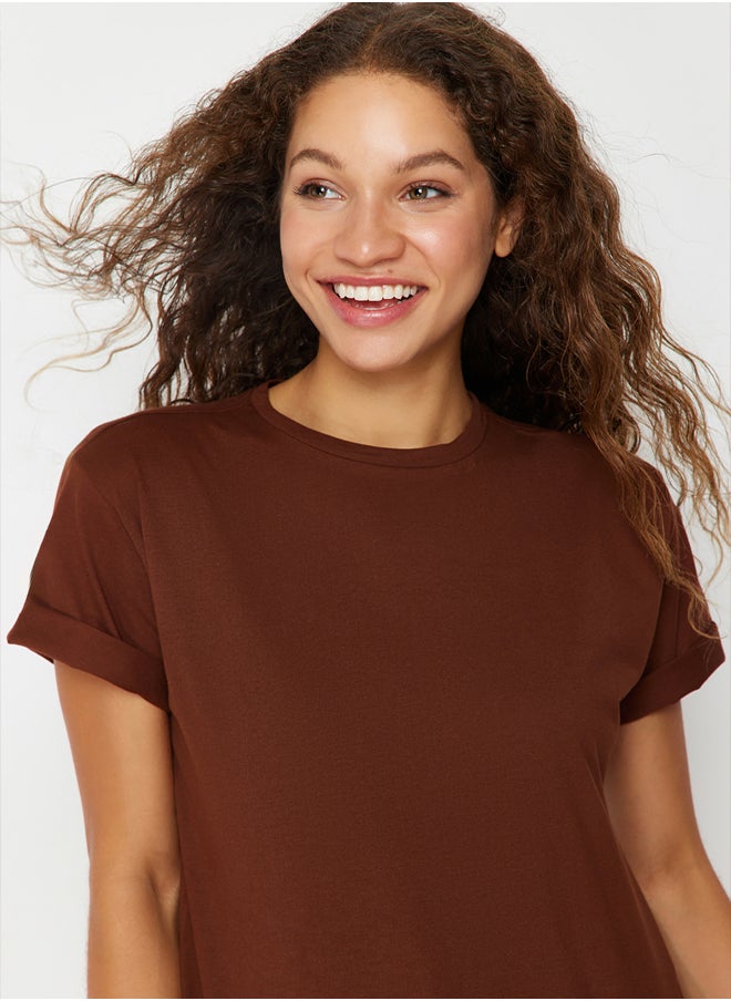 trendyol - Brown 100% Cotton Boyfriend Crew Neck Knitted T-Shirt TWOSS20TS0134 - Image 1