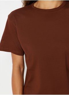 trendyol Brown 100% Cotton Boyfriend Crew Neck Knitted T-Shirt TWOSS20TS0134  - Image 5