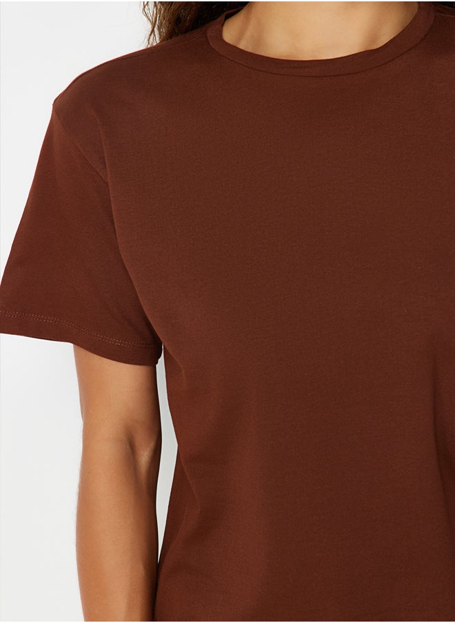 trendyol - Brown 100% Cotton Boyfriend Crew Neck Knitted T-Shirt TWOSS20TS0134 - Image 1