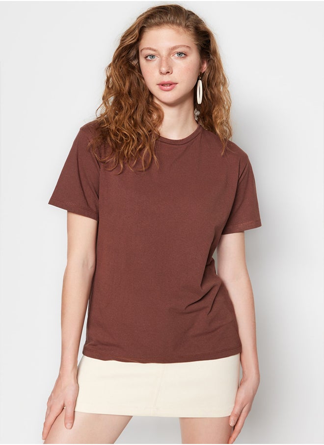 trendyol - Brown 100% Cotton Boyfriend Crew Neck Knitted T-Shirt TWOSS20TS0134 - Image 1