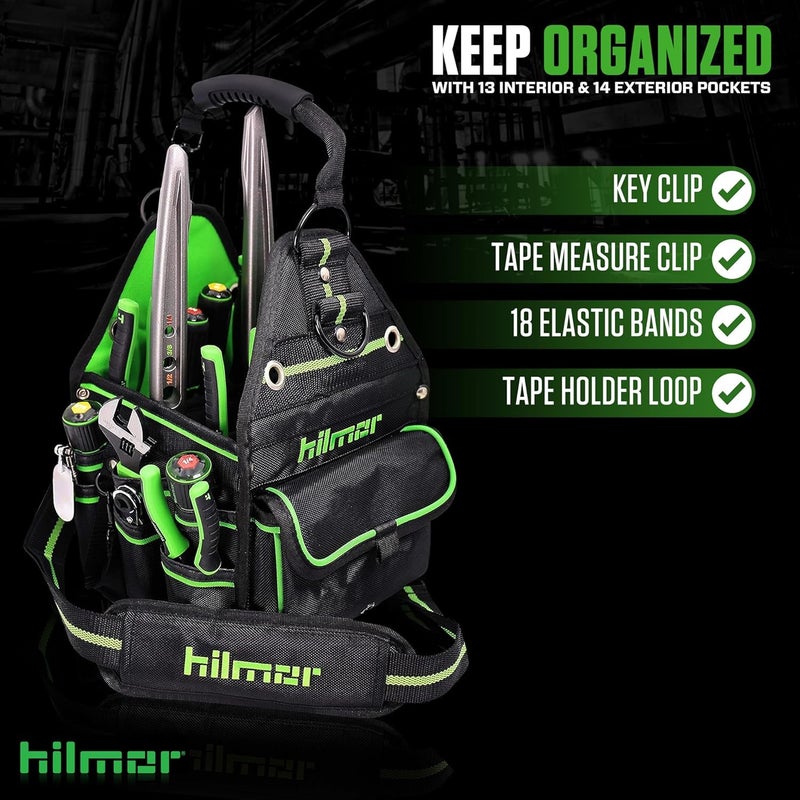 Hilmor HT 1839078 HVAC Tool Bag with 27 Pockets, Key Clip, Tape Loop, Shoulder Strap,HVAC/R Tools and Equipment, Black/Green, 13â€ - Image 3