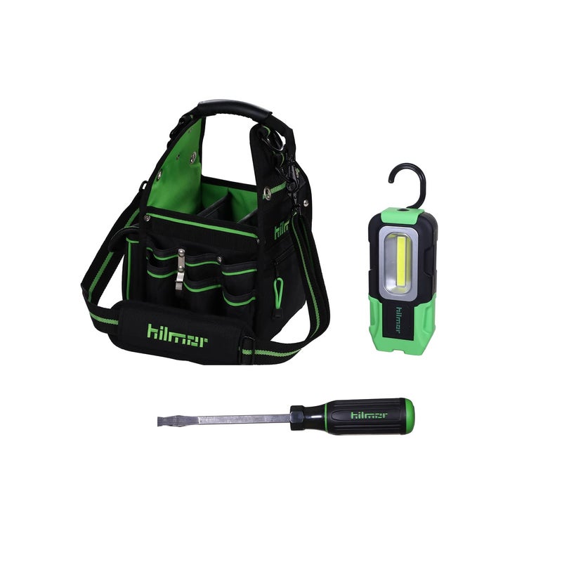 Hilmor HT 1839078 HVAC Tool Bag with 27 Pockets, Key Clip, Tape Loop, Shoulder Strap,HVAC/R Tools and Equipment, Black/Green, 13â€ - Image 1