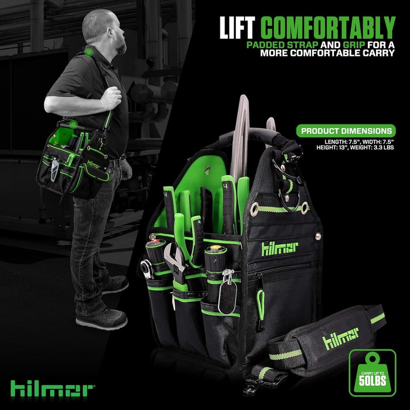 Hilmor HT 1839078 HVAC Tool Bag with 27 Pockets, Key Clip, Tape Loop, Shoulder Strap,HVAC/R Tools and Equipment, Black/Green, 13â€ - Image 2
