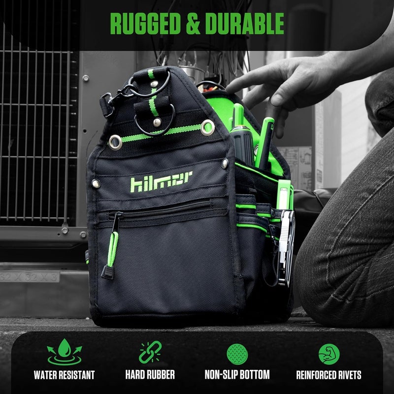 Hilmor HT 1839078 HVAC Tool Bag with 27 Pockets, Key Clip, Tape Loop, Shoulder Strap,HVAC/R Tools and Equipment, Black/Green, 13â€ - Image 4