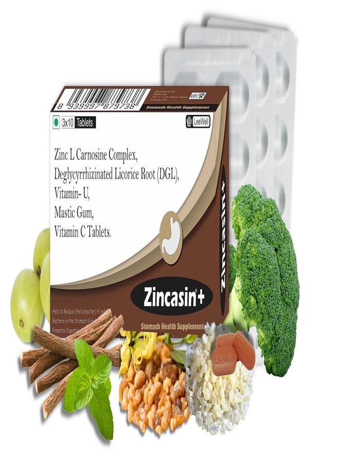 Zincasin +Plus Advanced Digestive Tract Lining Repair Aid | Gut Mucosal Barrier Enhancer for Nutrient Absorption, Gastric Discomfort, Leaky Gut, Stomach Ulcer, H.pylori Support | Zinc L-Carnosine, DGL Licorice Root Extract, Mastic Gum, Vitamin U & C - 30 Tablets LeeWell Pharma - Image 1