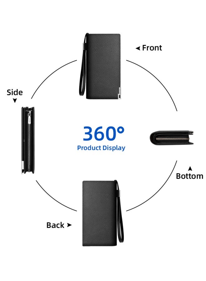 بانيانو محفظة رجالية من الجلد الطبيعي بسحاب طويل وفتحات متعددة للبطاقات وسعة كبيرة بنمط الصليب الأزرق - Image 4