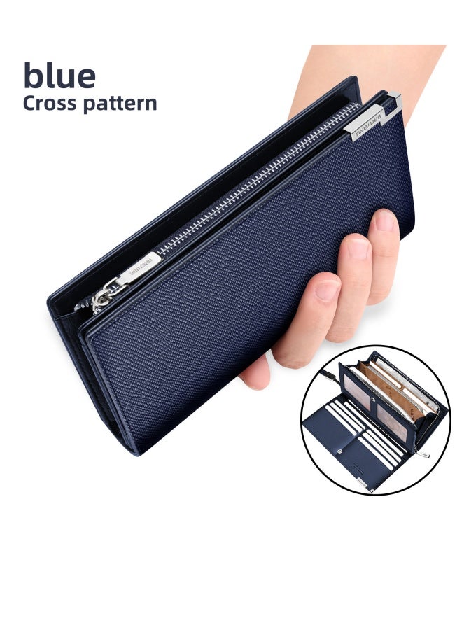 بانيانو محفظة رجالية من الجلد الطبيعي بسحاب طويل وفتحات متعددة للبطاقات وسعة كبيرة بنمط الصليب الأزرق - Image 1