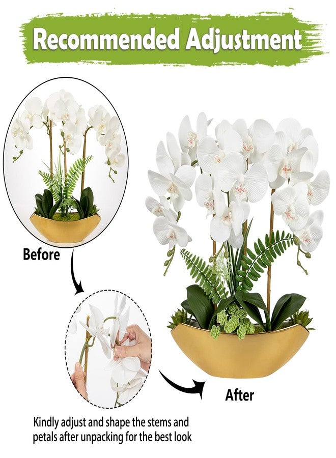 Briful Orchid Fake Flowers 18in White Artificial Orchid Silk Flowers in Gold Pot Faux Orchid Arrangement for Home Office Bathroom Dining Table Modern Decoration - Image 3