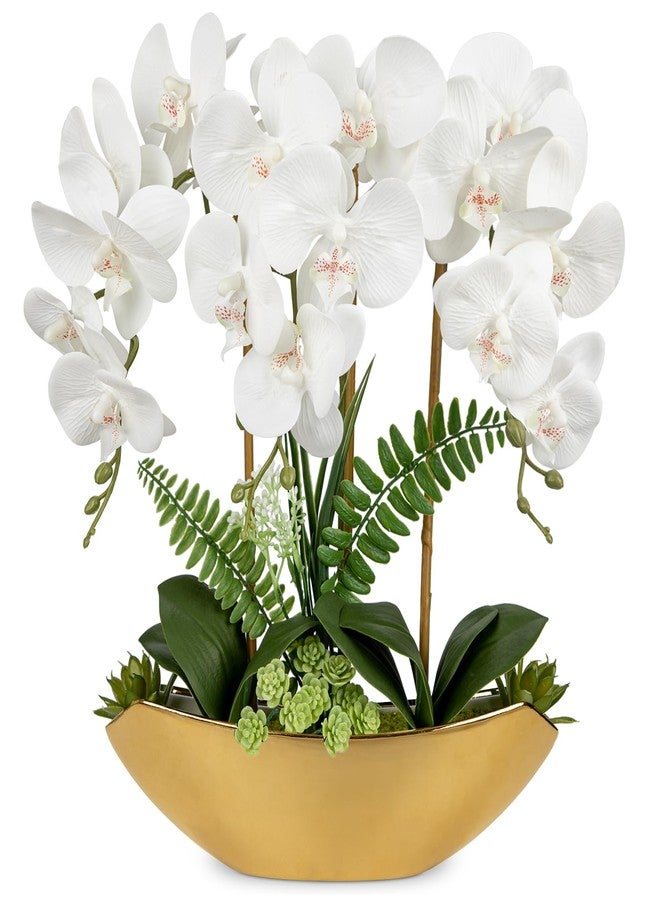 Briful Orchid Fake Flowers 18in White Artificial Orchid Silk Flowers in Gold Pot Faux Orchid Arrangement for Home Office Bathroom Dining Table Modern Decoration - Image 1