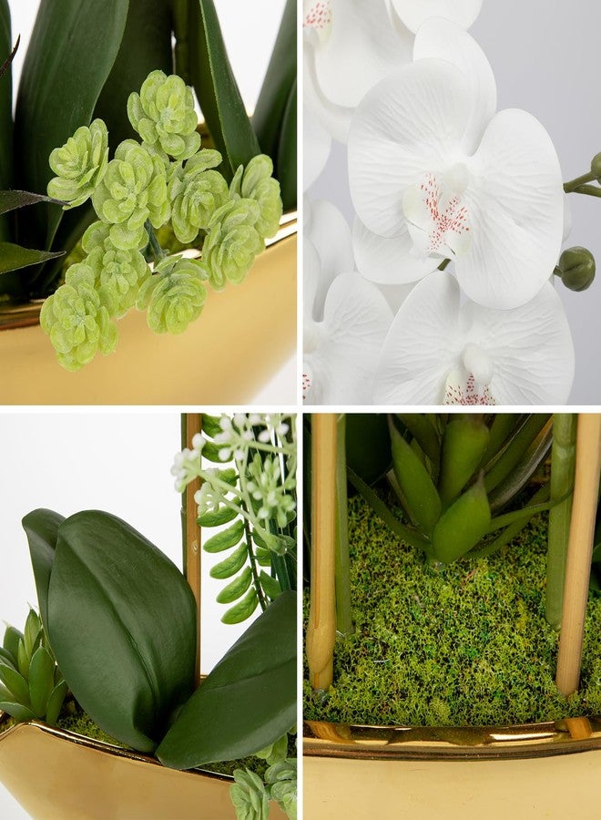 Briful Orchid Fake Flowers 18in White Artificial Orchid Silk Flowers in Gold Pot Faux Orchid Arrangement for Home Office Bathroom Dining Table Modern Decoration - Image 4