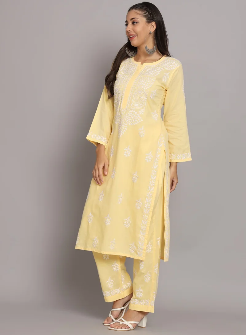 Alaya Women Hand Embroidered Chikankari Cotton Kurta Set-AL3674KS