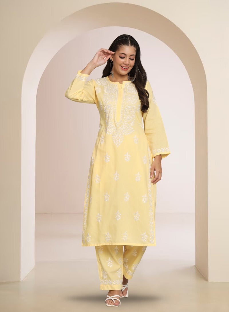 الايا مجموعة كورتا قطن شيكانكاري مطرزة يدويًا للنساء-AL3674KS  - Image 1