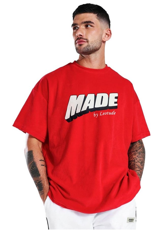 LEOTUDE - LEOTUDE Men's Oversized Half Sleeve Round Neck T-Shirt (FS49PRPLE_DRGN_P_Red_L) - Image 1