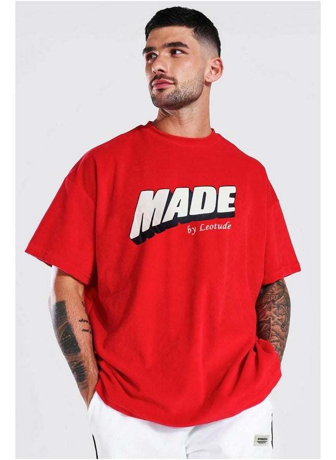 LEOTUDE - LEOTUDE Men's Oversized Half Sleeve Round Neck T-Shirt (FS49PRPLE_DRGN_P_Red_L) - Image 1