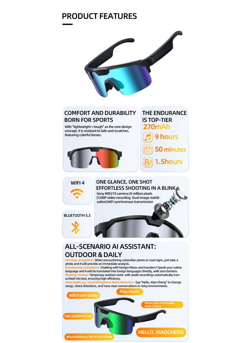 ZESITH Purple Blue AI Translation Outdoor Sunglasses 800W Camera Photo Video Bluetooth Cycling Skiing Fishing Glasses - Image 5