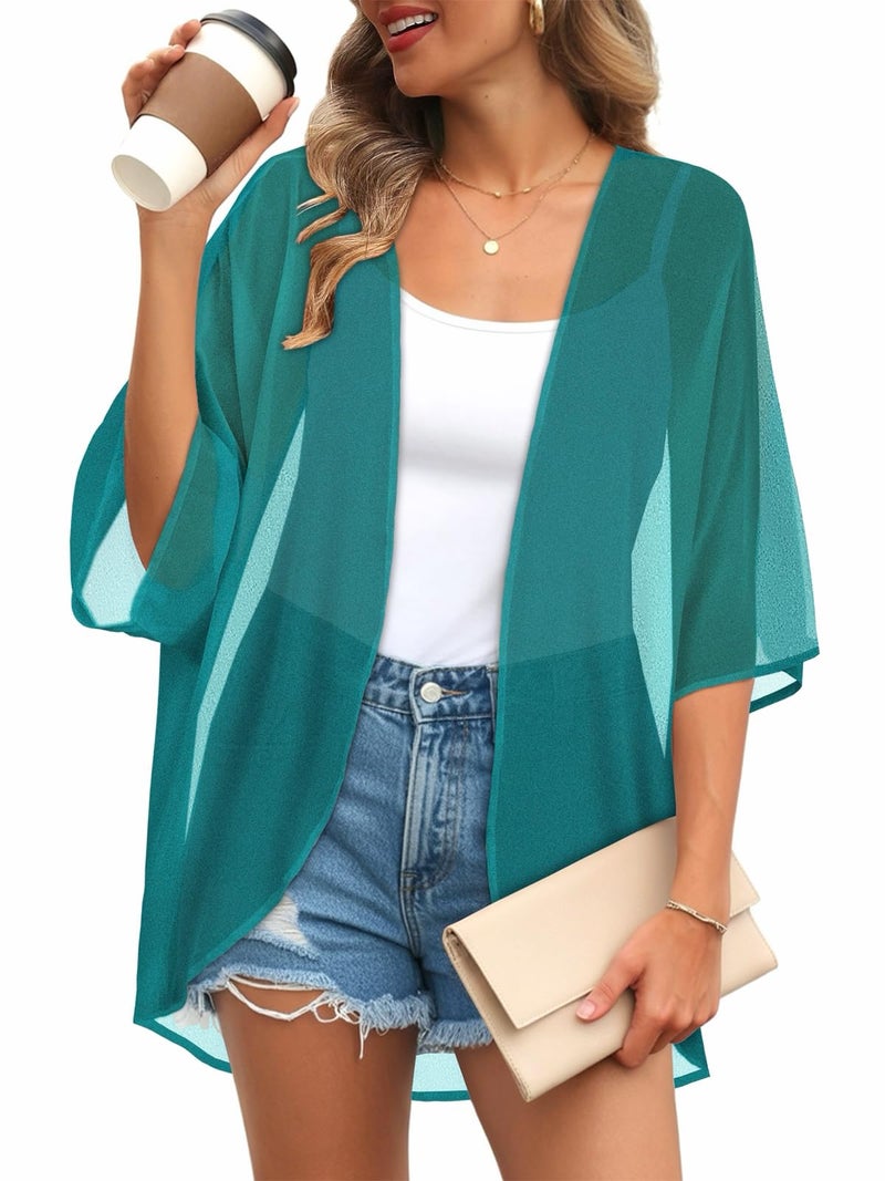 JILUVIN Womens Kimono Cardigans Beach Cover ups Swimwear Puff Sleeve Loose Casual Summer Tops (Turquoise,L) - Image 1