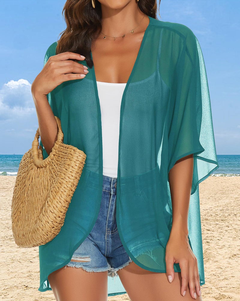 JILUVIN Womens Kimono Cardigans Beach Cover ups Swimwear Puff Sleeve Loose Casual Summer Tops (Turquoise,L) - Image 3