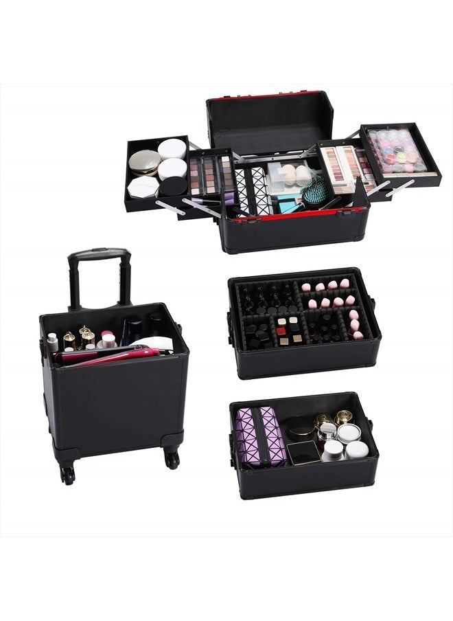 Yaheetech 4 in 1 Professional Makeup Train Case Aluminum Cosmetic Case Rolling Makeup Case Extra Large Trolley Makeup Travel Organizer, with 360° Swivel Wheels, Black  - Image 3