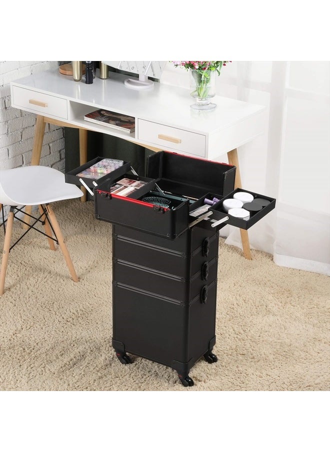 Yaheetech 4 in 1 Professional Makeup Train Case Aluminum Cosmetic Case Rolling Makeup Case Extra Large Trolley Makeup Travel Organizer, with 360° Swivel Wheels, Black  - Image 2