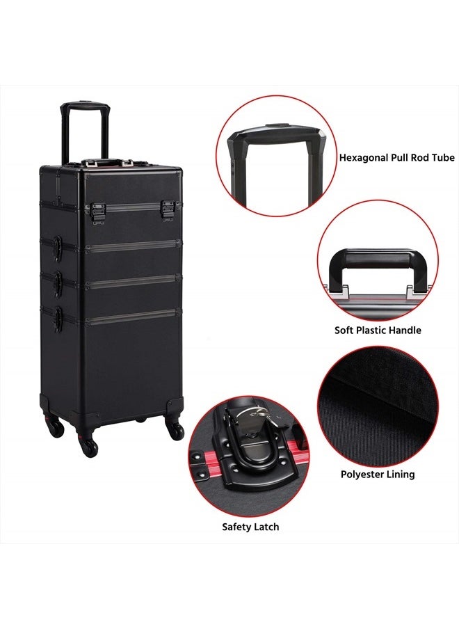 Yaheetech 4 in 1 Professional Makeup Train Case Aluminum Cosmetic Case Rolling Makeup Case Extra Large Trolley Makeup Travel Organizer, with 360° Swivel Wheels, Black  - Image 4