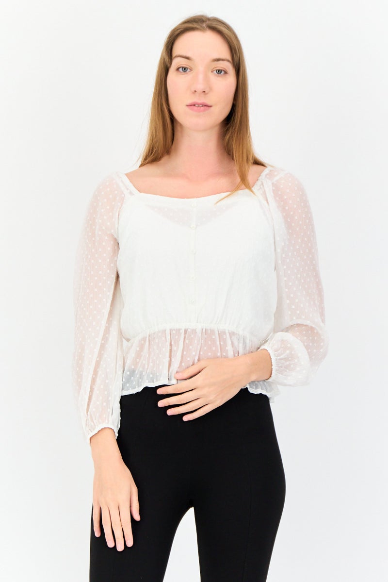 ONLY Women Square Neck Long Sleeves Embordered Top, White - Image 1